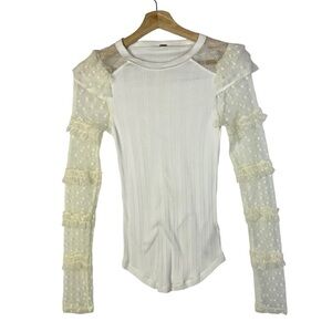 Free People Cream Ivory Ruffle Lace Long Sleeve Top S